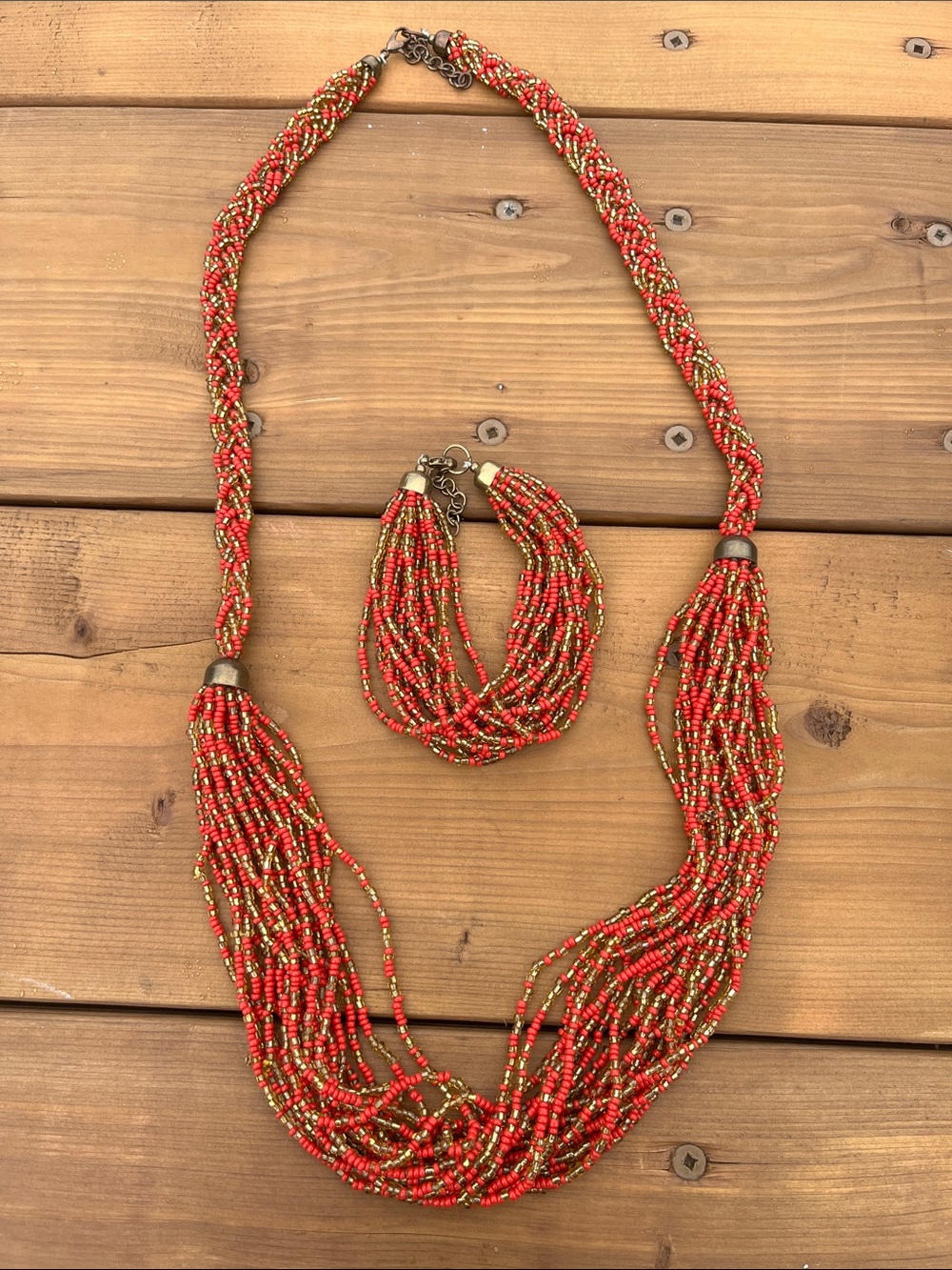 Vintage red and gold seed bead statement necklace and bracelet set